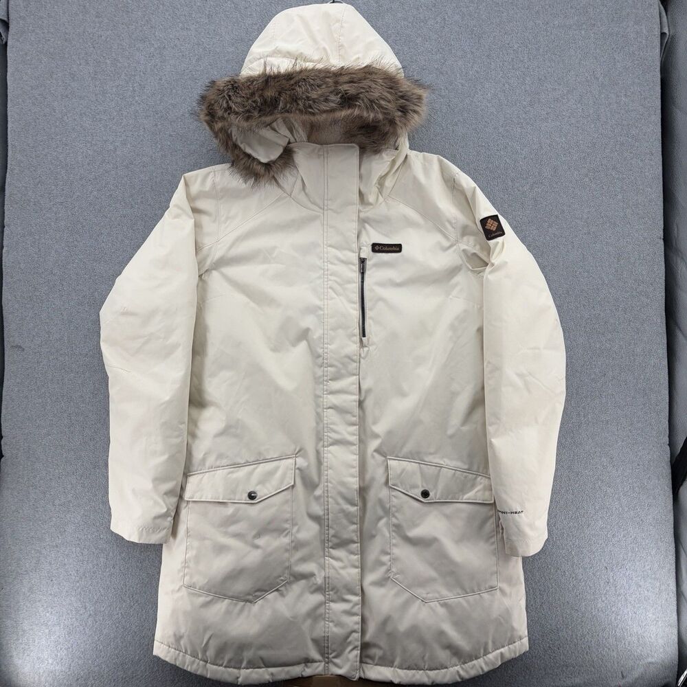 Columbia Womens XL Omni Heat Parka Coat Ivory Faux Fur Hood Winter Jacket